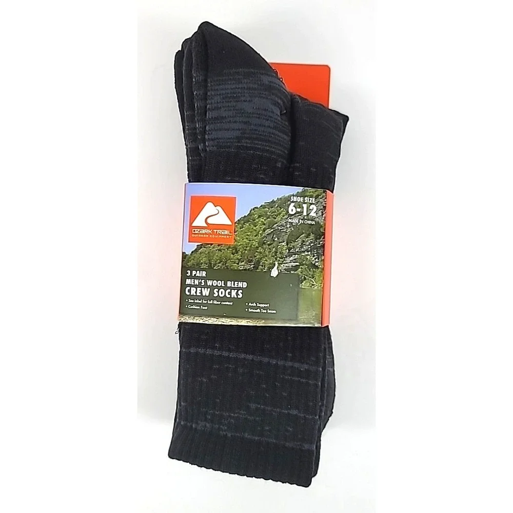 Men's Ozark Trail Wool Blend Crew Socks 3 Pair Size 6-12 Black Soot